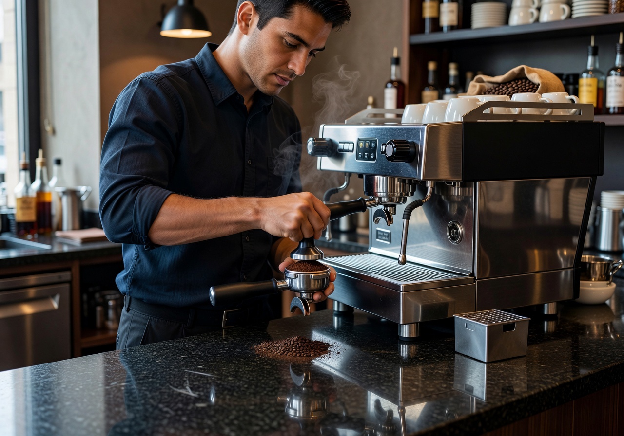 Barista carefully tamping espresso grounds at a polished coffee bar