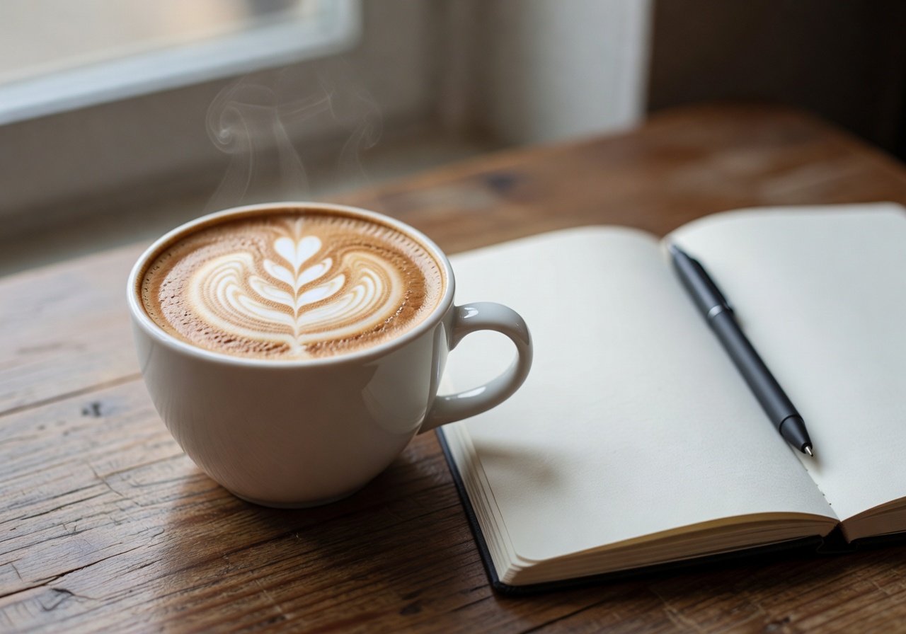 Close-up of cappuccino with foam art beside an open notebook