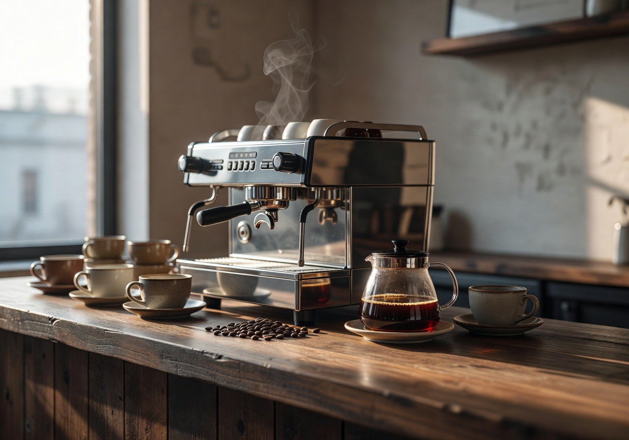 Coffee bar counter with espresso machine and morning light