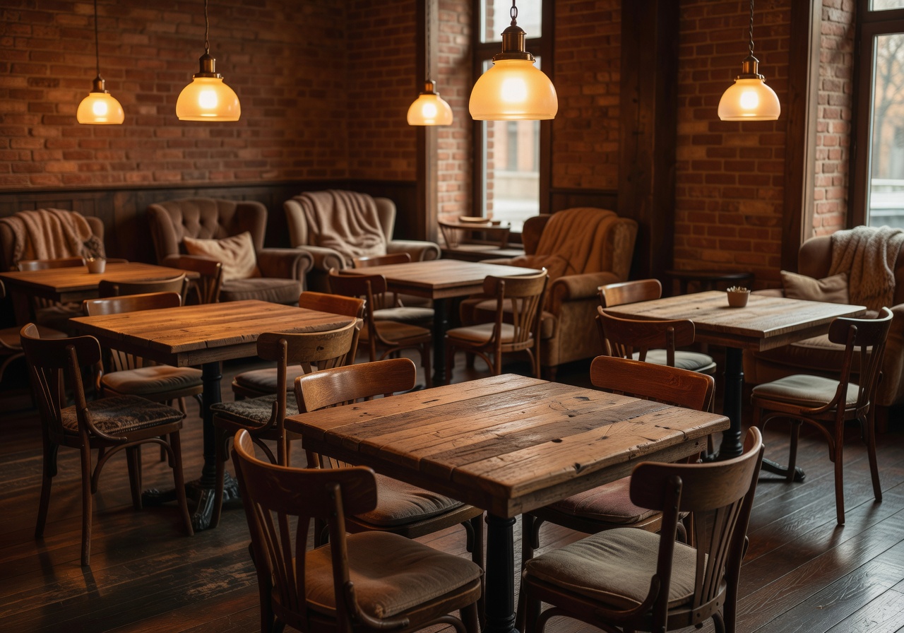 Cozy cafe seating area with warm pendant lighting and wooden tables