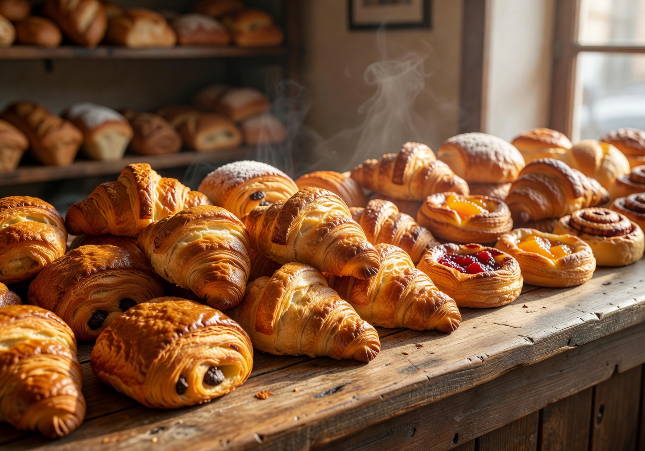 Fresh baked croissants and pastries arranged on a wooden counter