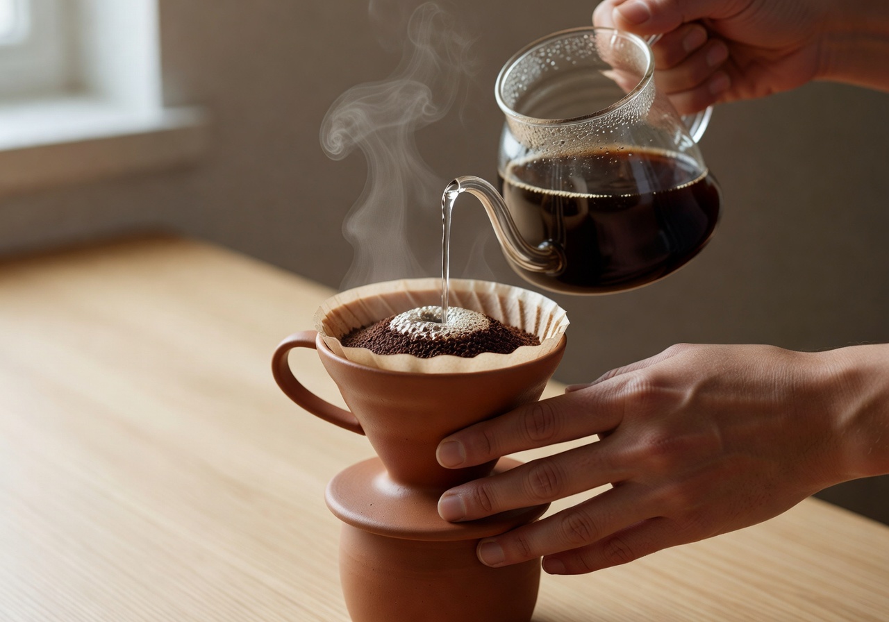 Hands carefully pouring water over coffee grounds in a ceramic dripper