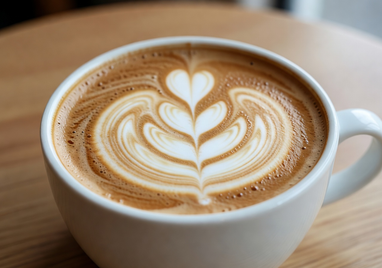 Latte with detailed rosetta milk art in a white ceramic cup