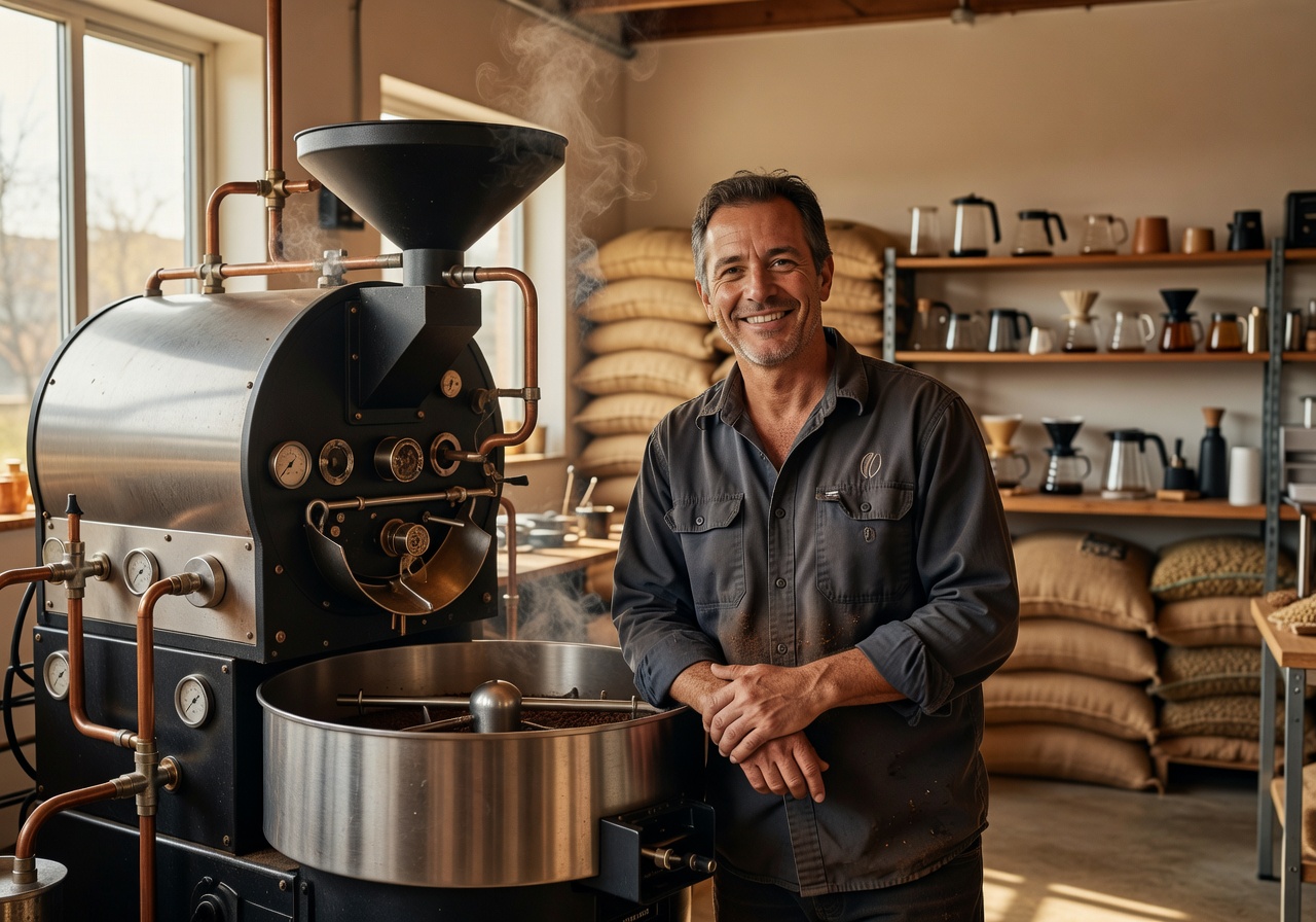 Portrait of Eli, founder and head roaster, smiling in front of coffee equipment