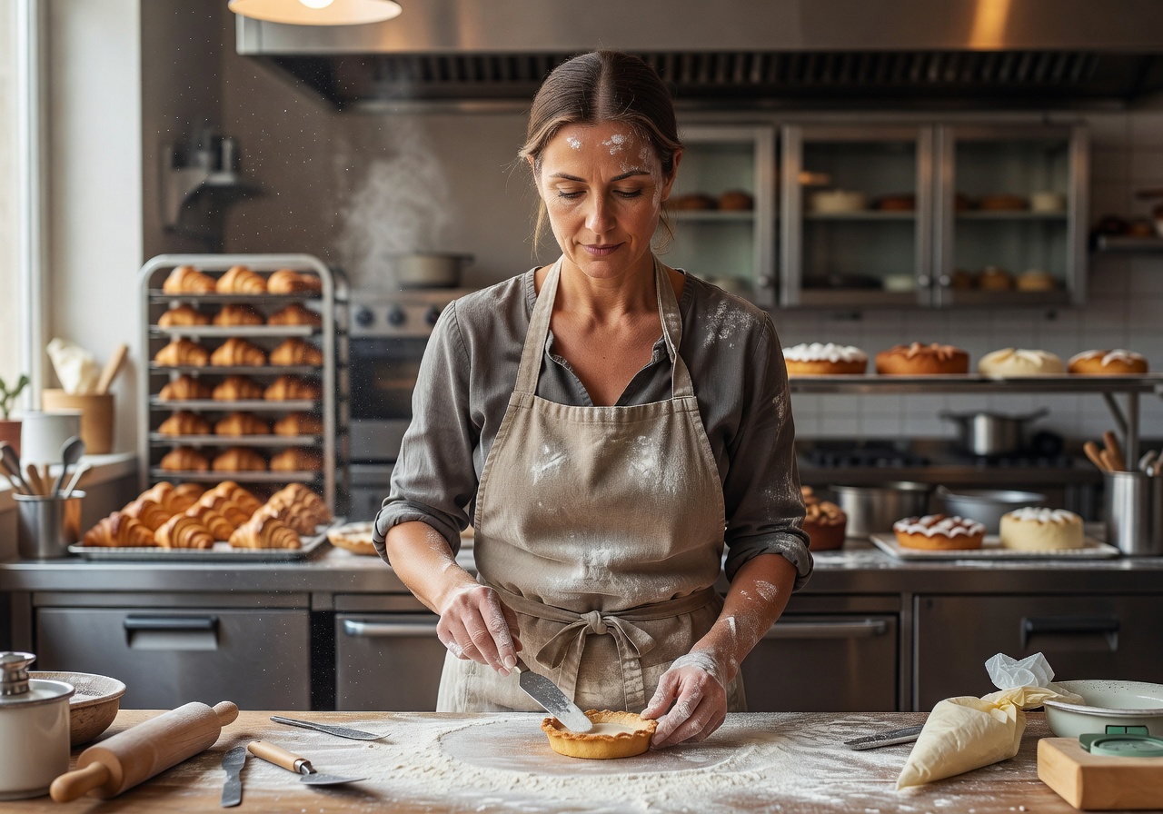 Portrait of Mira, head pastry chef, in a baker's apron
