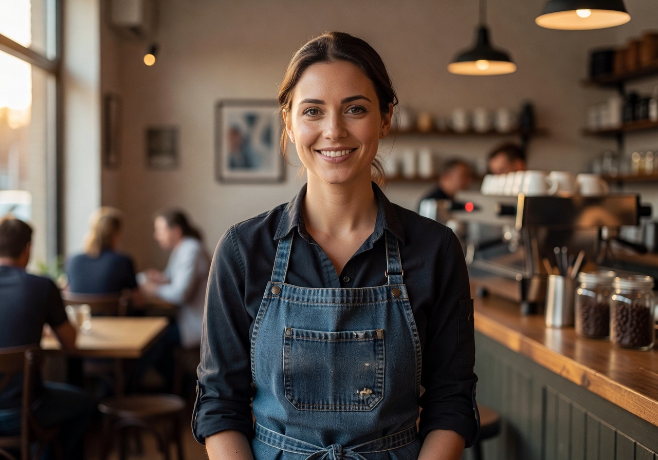 Portrait of Sasha, café manager, with warm smile
