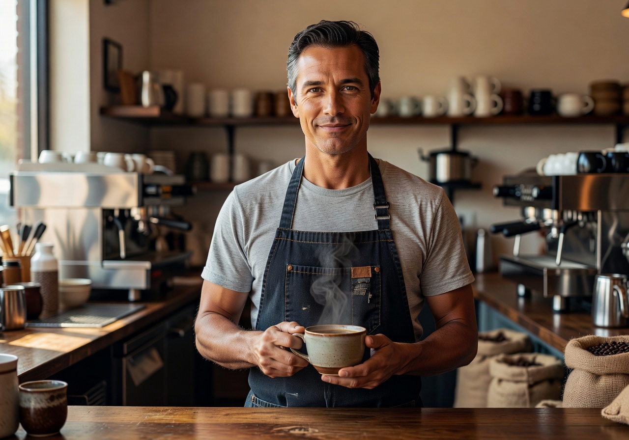 Portrait of Theo, lead barista, holding a ceramic coffee cup