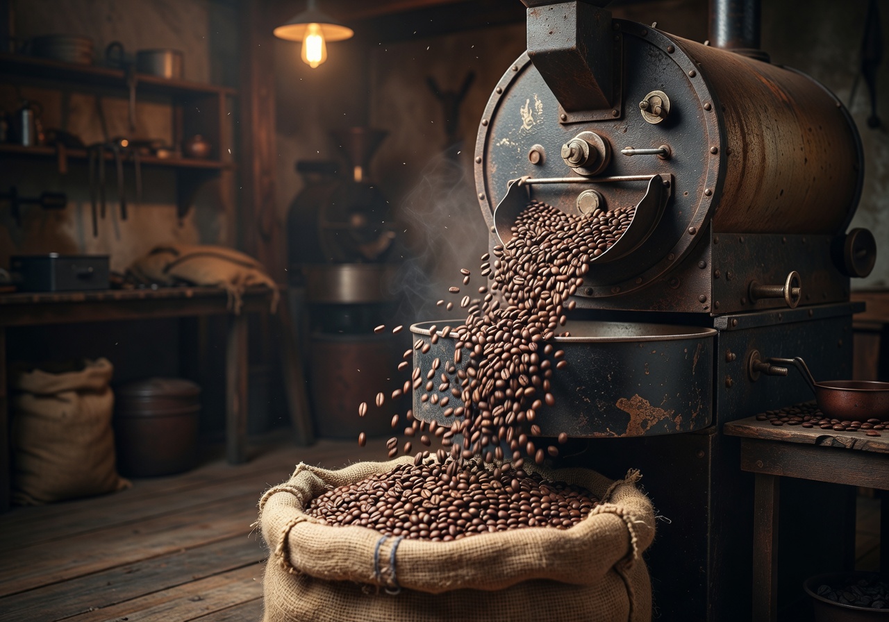Roasted coffee beans pouring out of a vintage roaster