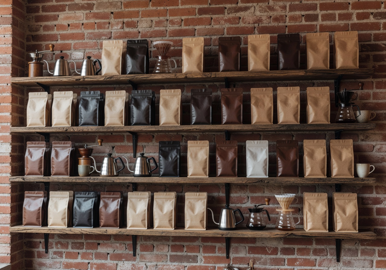 Shelves of coffee bags and brewing equipment along a brick wall