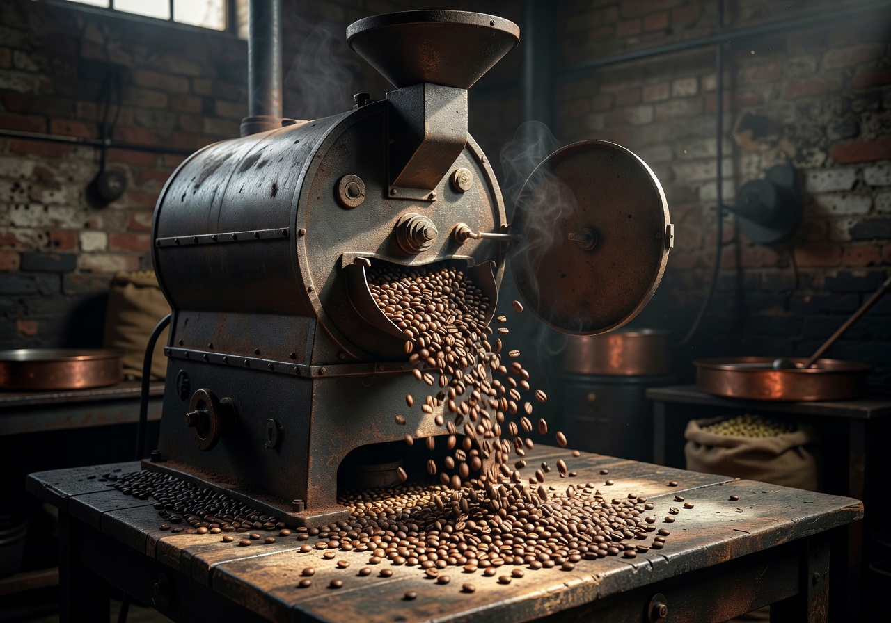 Vintage drum coffee roaster releasing freshly roasted beans
