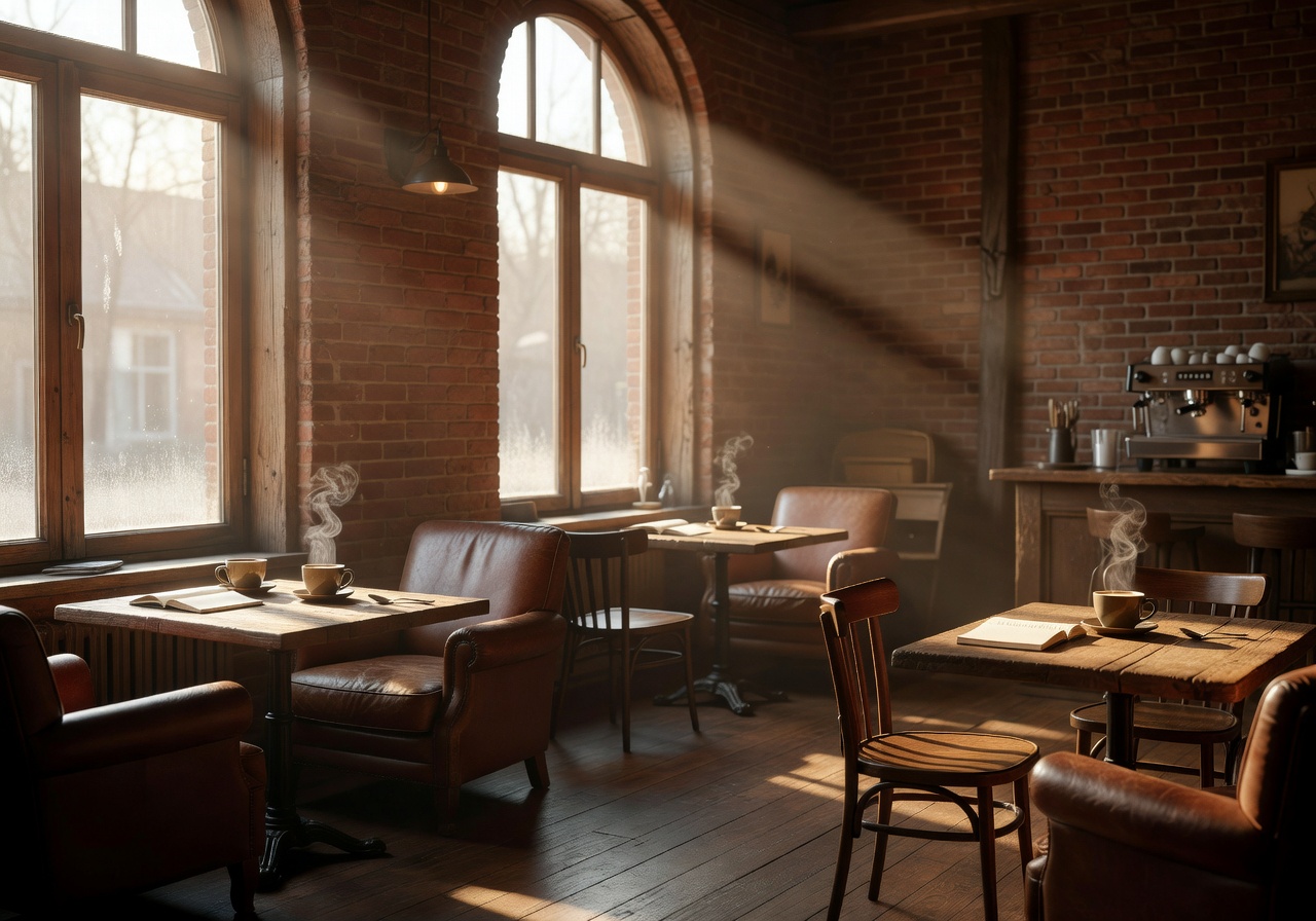 Warm coffee shop interior with morning light streaming through tall windows