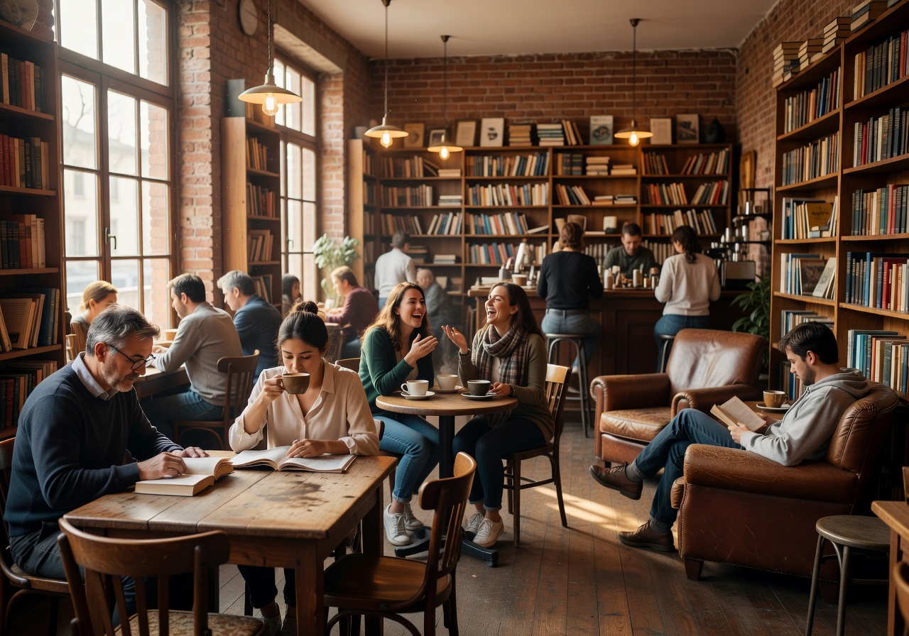 Wide view of cafe interior with customers reading and chatting